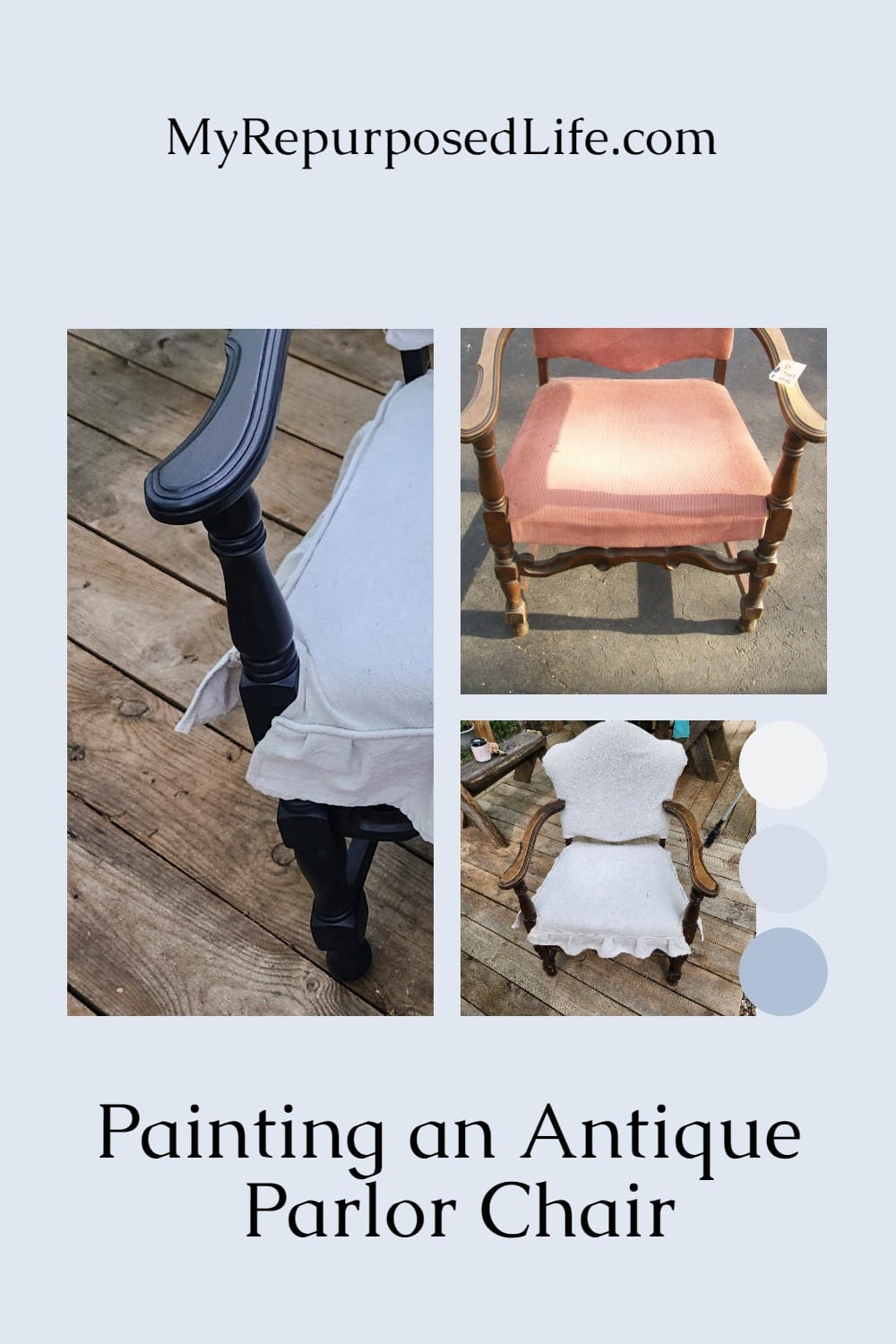 How to update an antique parlor chair with a deep blue paint technique. Several more unique Thrift Store Decor Projects to inspire you. via @repurposedlife