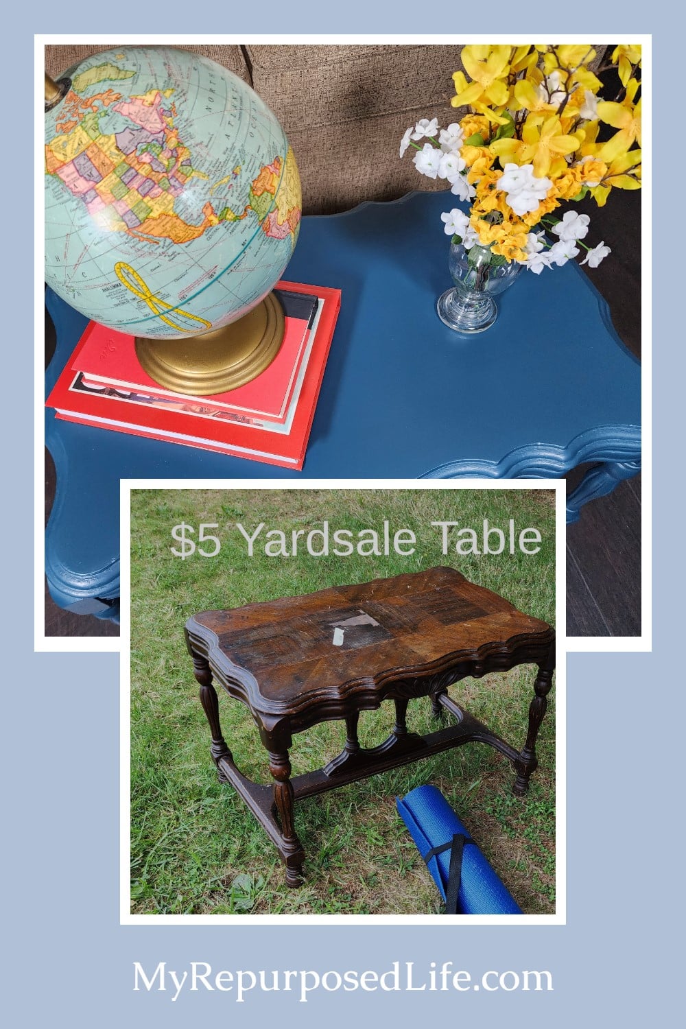 A $5 yard sale table gets a much needed makeover. Easy furniture flip project with bonus furniture fixer upper projects included. via @repurposedlife