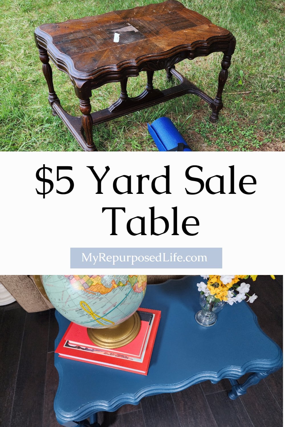 A $5 yard sale table gets a much needed makeover. Easy furniture flip project with bonus furniture fixer upper projects included. via @repurposedlife