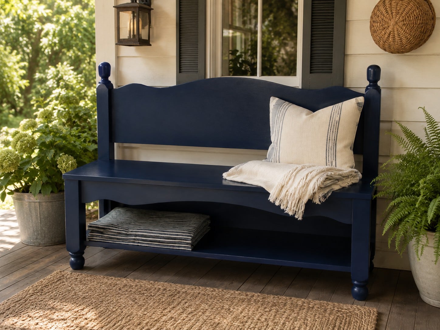 blue headboard bench on a porch