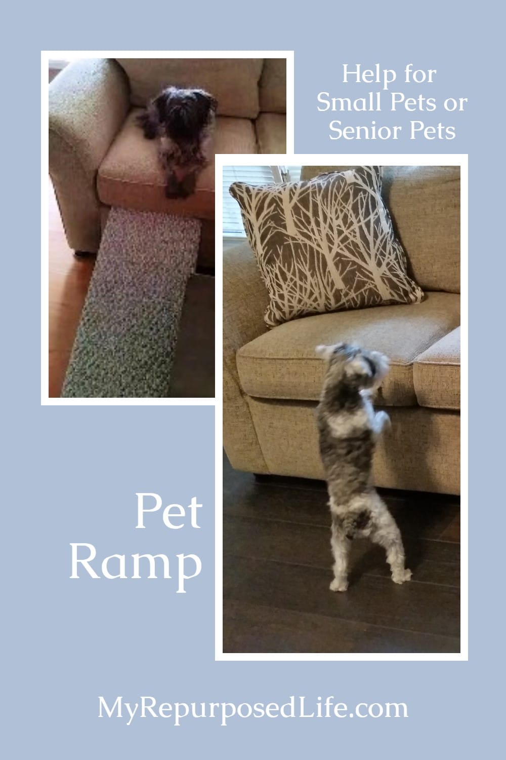 How to make an indoor pet ramp to aid your puppy or geriatric pet get on or off the sofa or couch. Easy afternoon project. Perfect for puppies or aging pets. #MyRepurposedLife #Repurposed #cabinet #door #pets #puppies #petramp via @repurposedlife