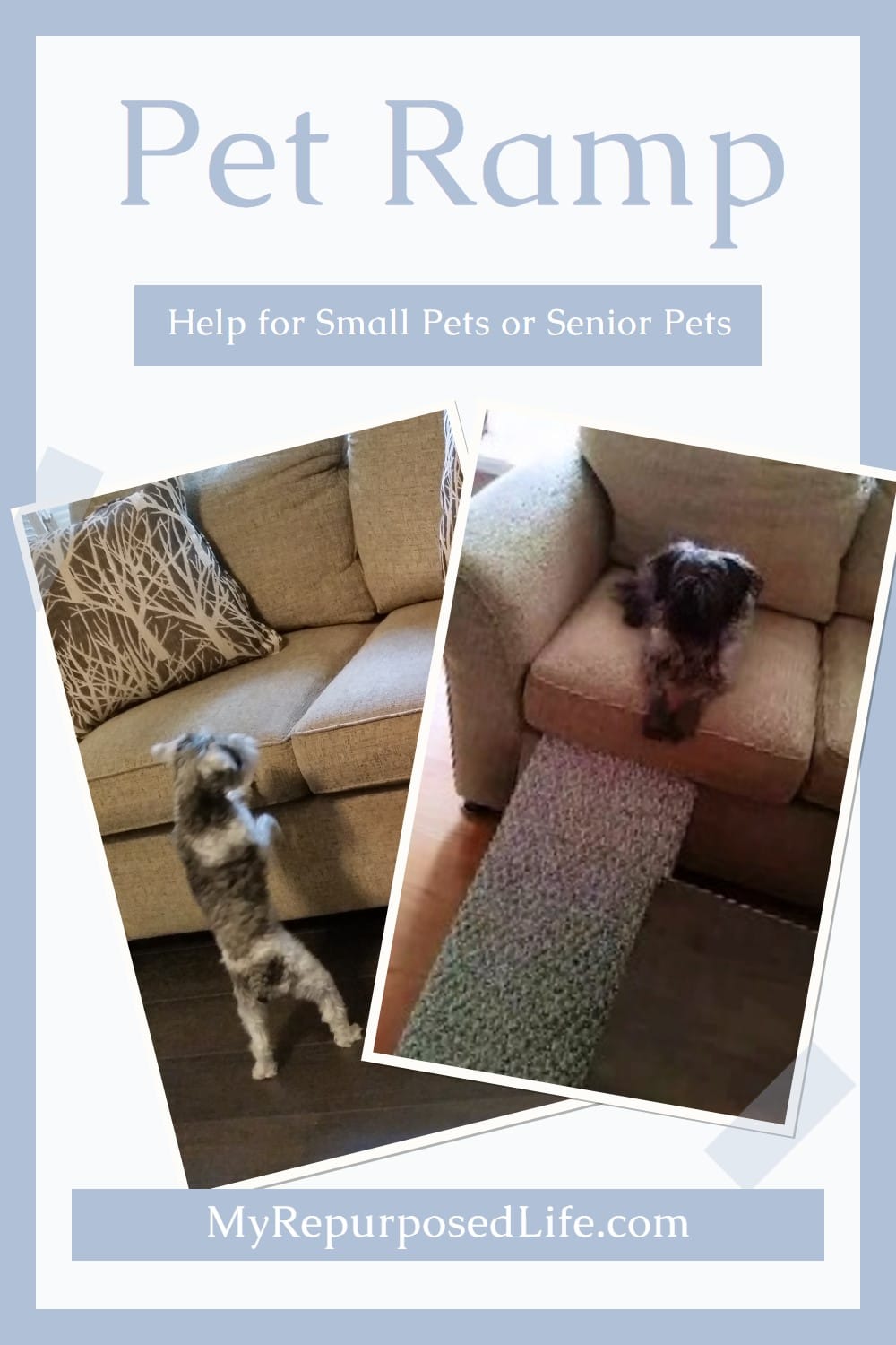 How to make an indoor pet ramp to aid your puppy or geriatric pet get on or off the sofa or couch. Easy afternoon project. Perfect for puppies or aging pets. #MyRepurposedLife #Repurposed #cabinet #door #pets #puppies #petramp via @repurposedlife