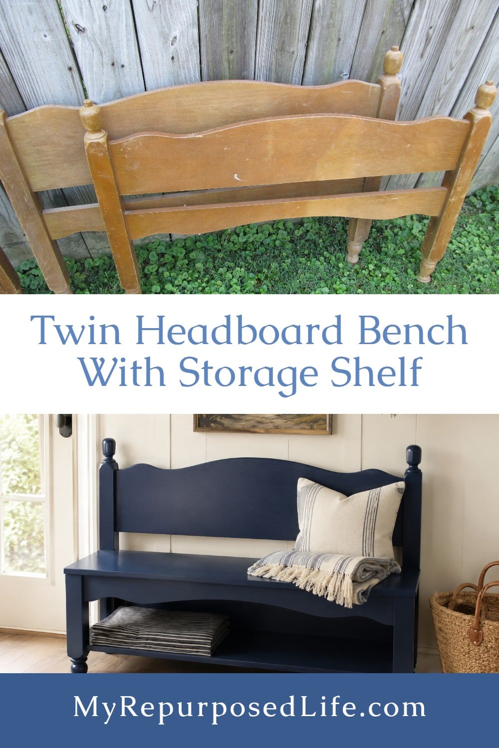 How to make a small bench from a twin headboard. Adding a bottom shelf is a bonus for storage and baskets. #MyRepurposedLife #headboard #repurposed #furniture #bench #blue #diy #project via @repurposedlife