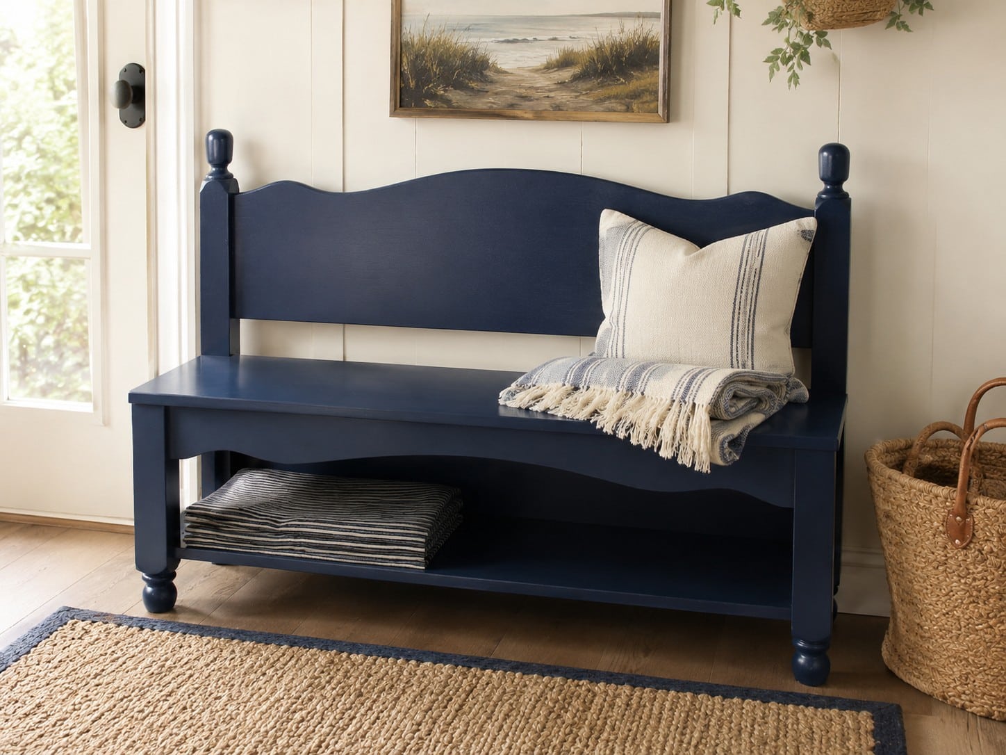 pretty blue bench with a storage shelf