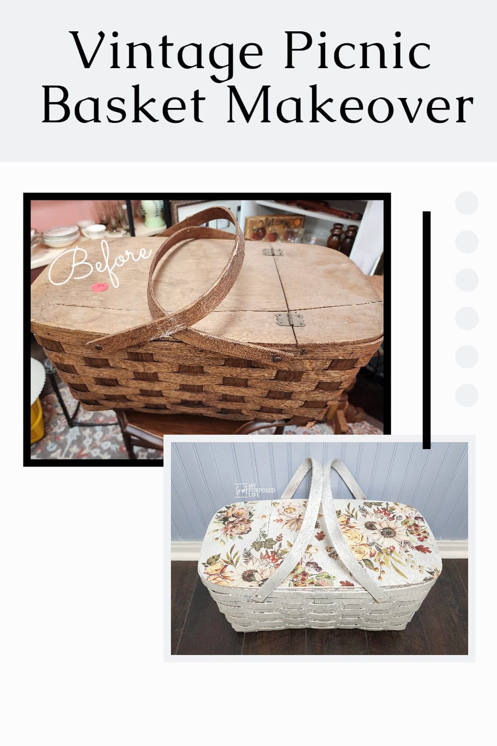 A thrift store vintage picnic basket gets a fresh look with paint and a rub-on transfer. Bonus: More projects included to inspire you. via @repurposedlife