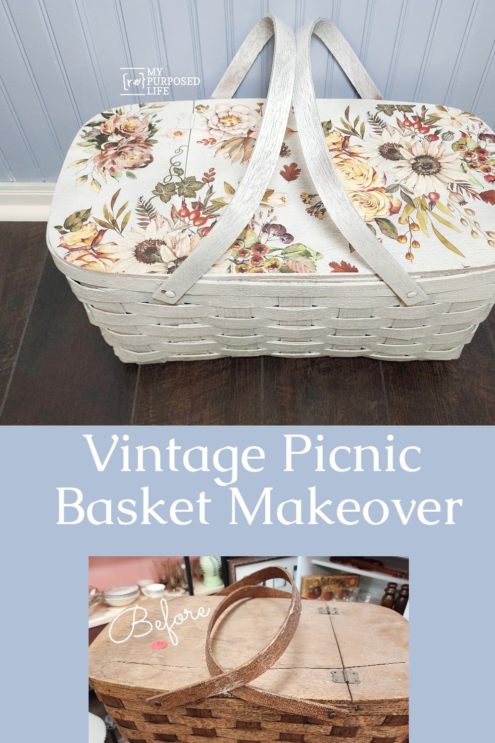 A thrift store vintage picnic basket gets a fresh look with paint and a rub-on transfer. Bonus: More projects included to inspire you. via @repurposedlife