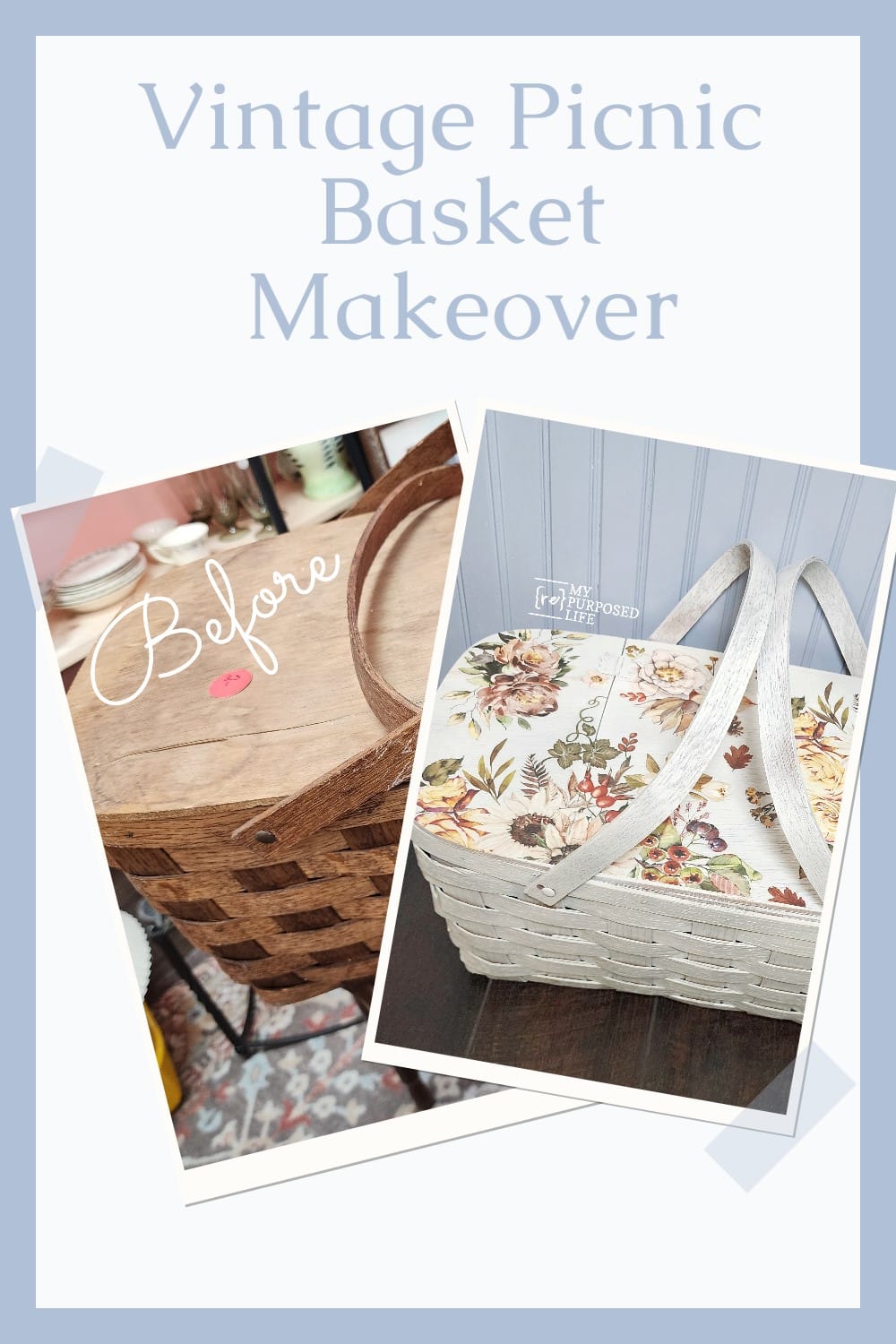 A thrift store vintage picnic basket gets a fresh look with paint and a rub-on transfer. Bonus: More projects included to inspire you. via @repurposedlife