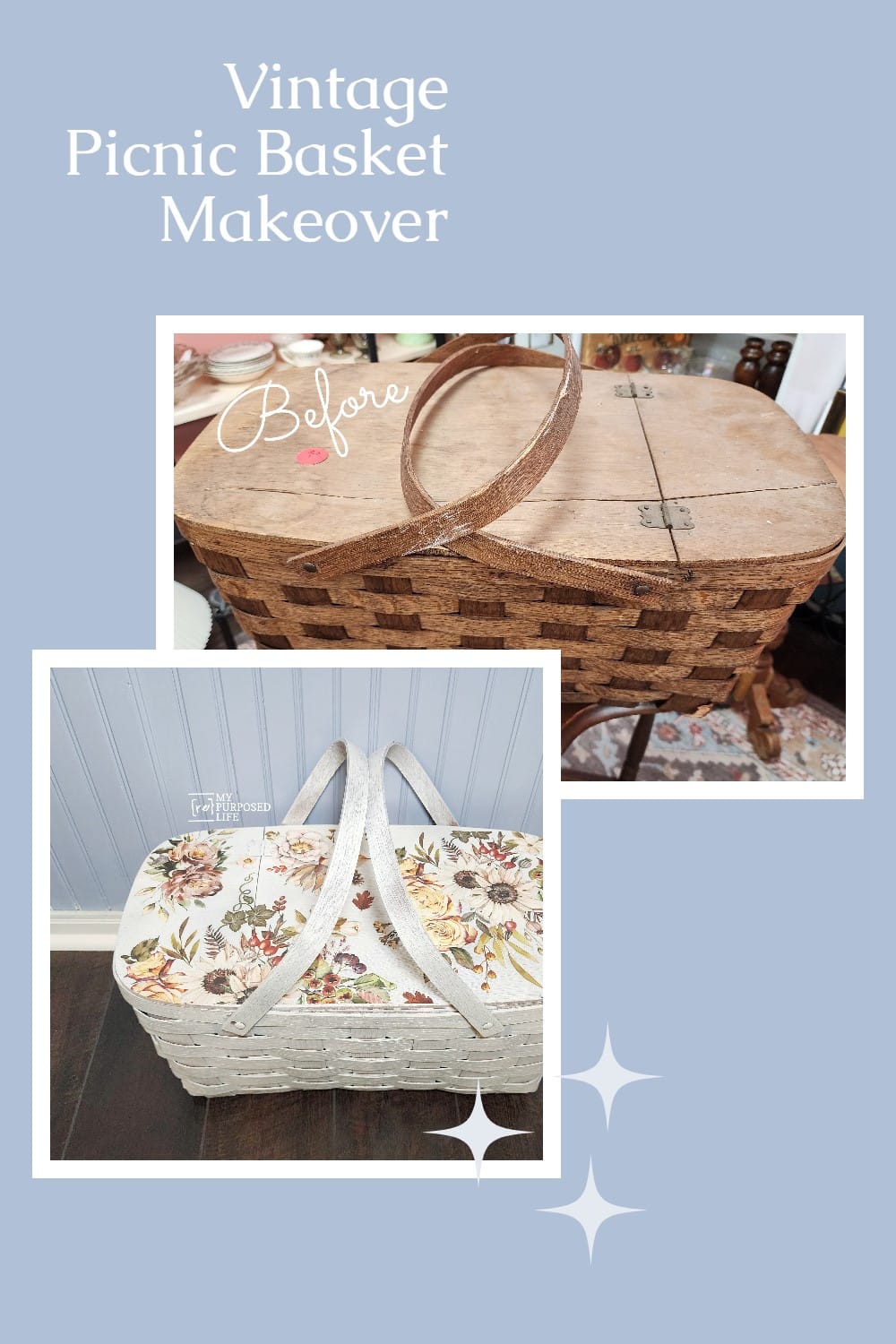 A thrift store vintage picnic basket gets a fresh look with paint and a rub-on transfer. Bonus: More projects included to inspire you. via @repurposedlife