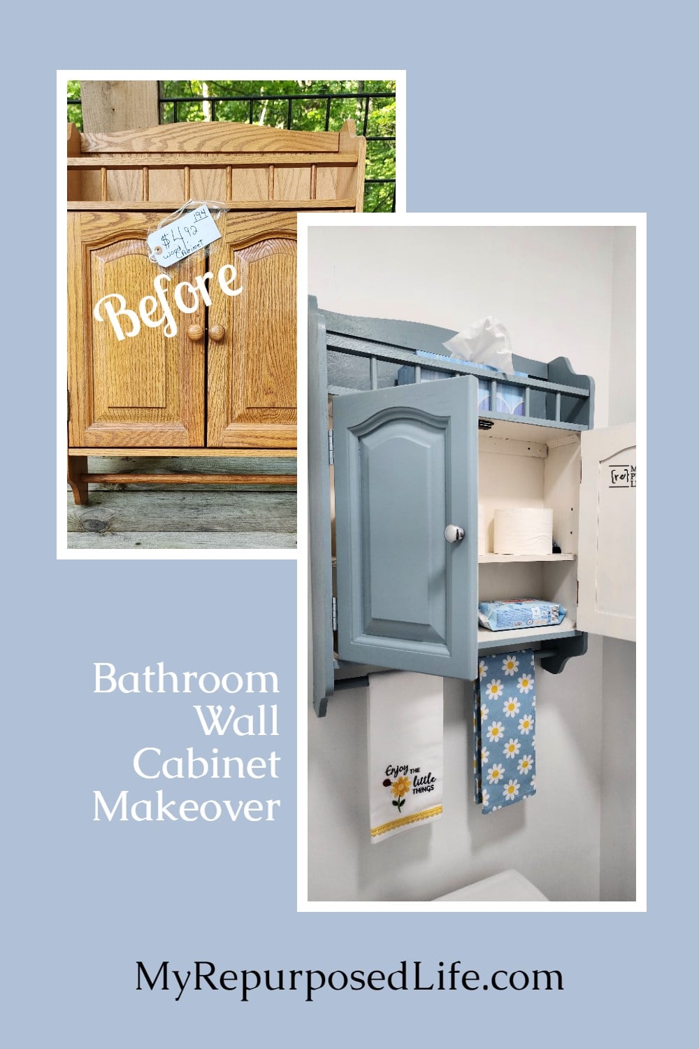 A thrift store bathroom wall cabinet makeover tips. What paint to use along with adding new hardware to complete the look. via @repurposedlife