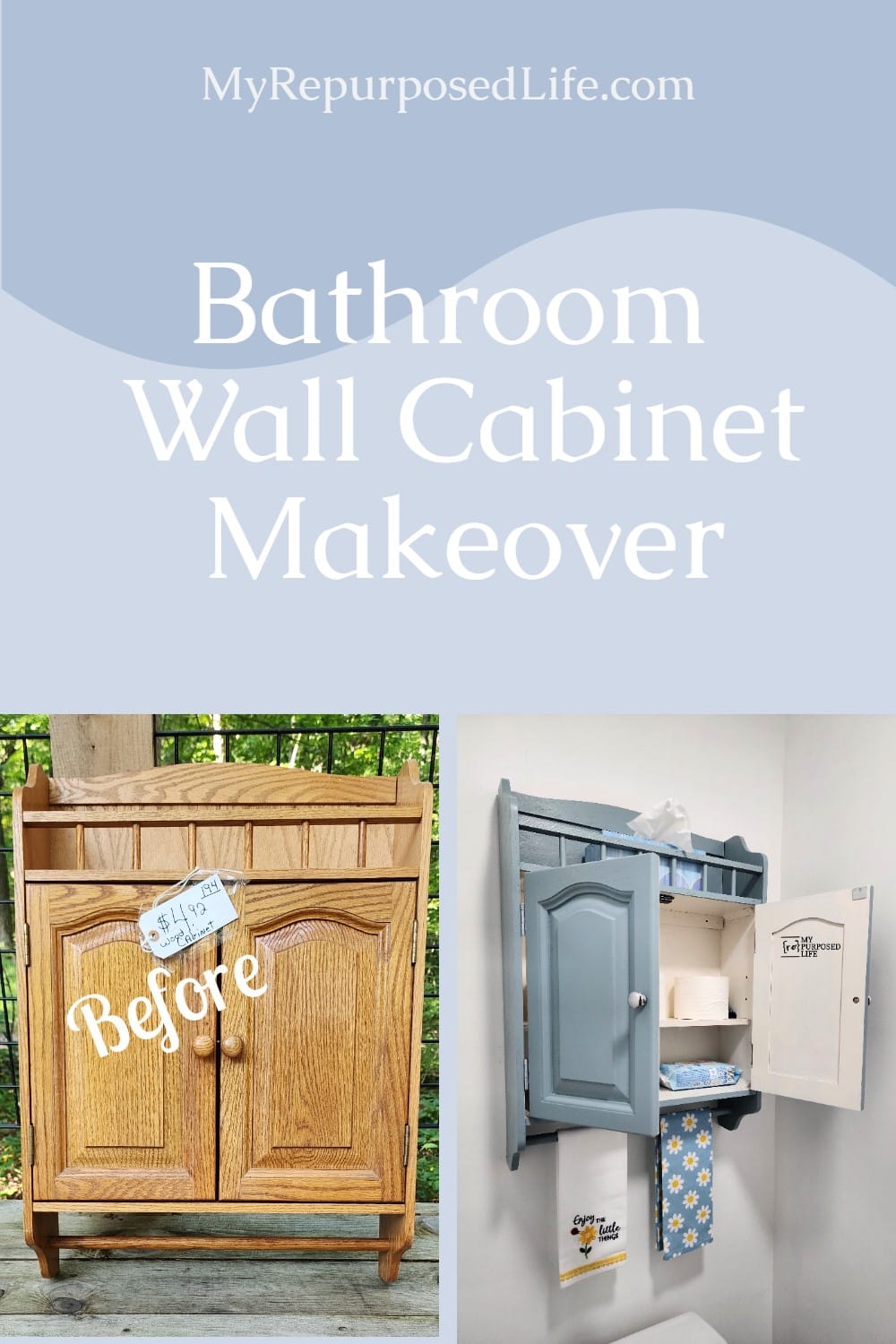 A thrift store bathroom wall cabinet makeover tips. What paint to use along with adding new hardware to complete the look. via @repurposedlife
