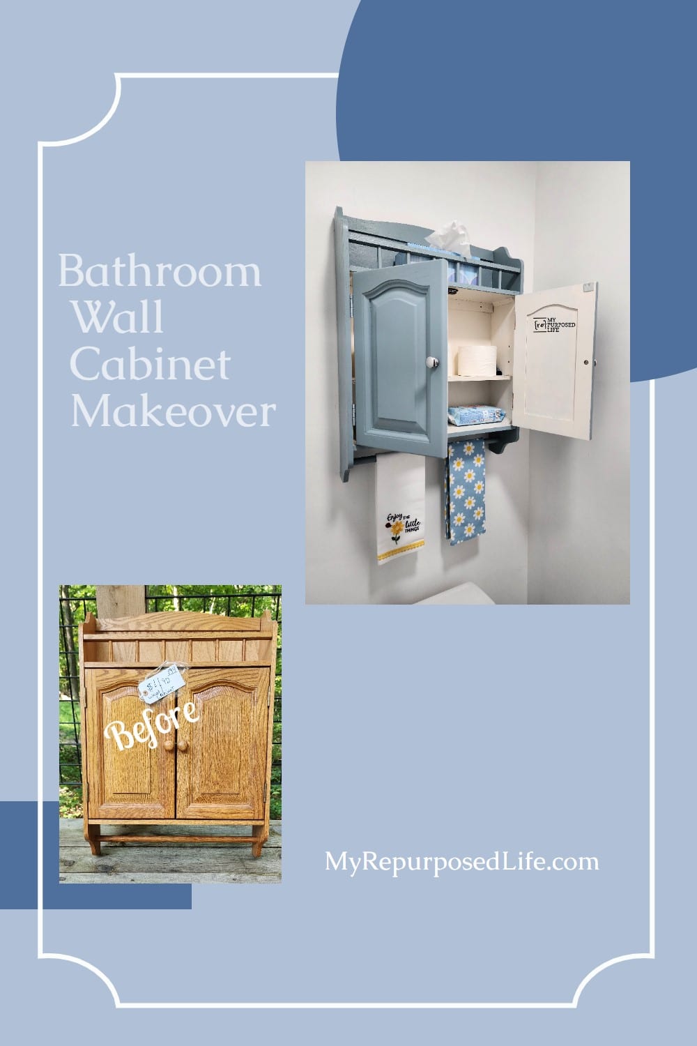 A thrift store bathroom wall cabinet makeover tips. What paint to use along with adding new hardware to complete the look. via @repurposedlife