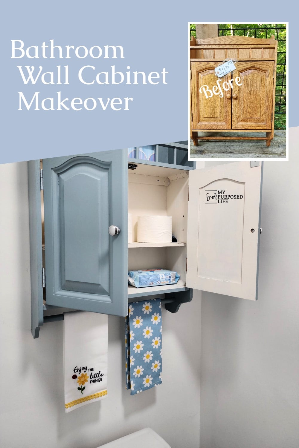 A thrift store bathroom wall cabinet makeover tips. What paint to use along with adding new hardware to complete the look. via @repurposedlife