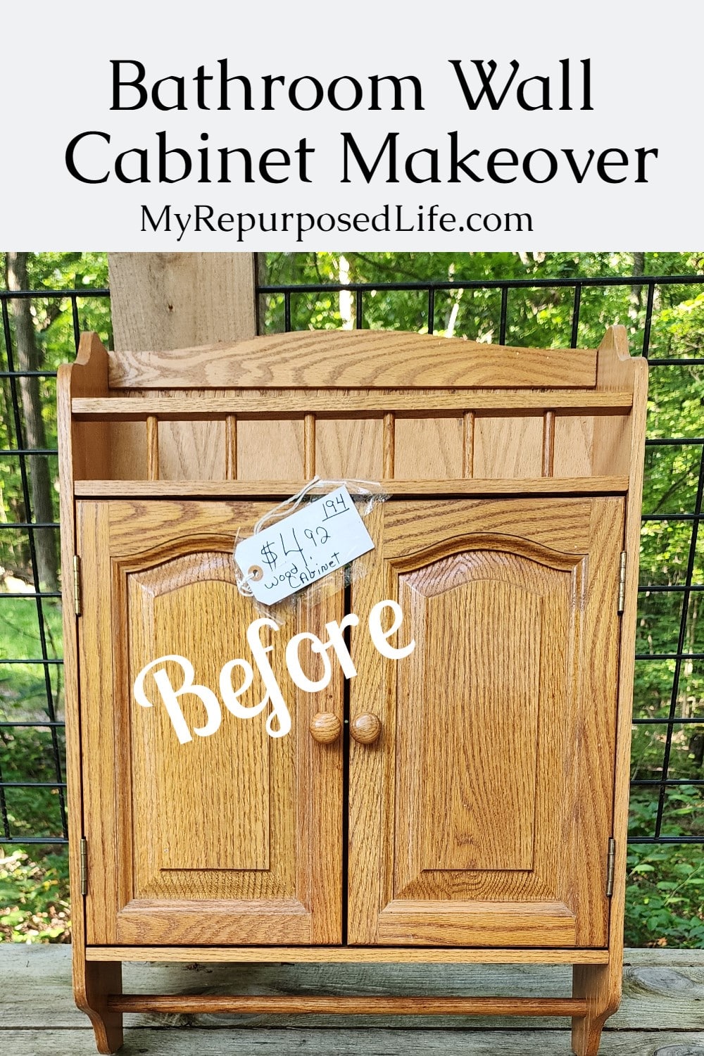 A thrift store bathroom wall cabinet makeover tips. What paint to use along with adding new hardware to complete the look. via @repurposedlife