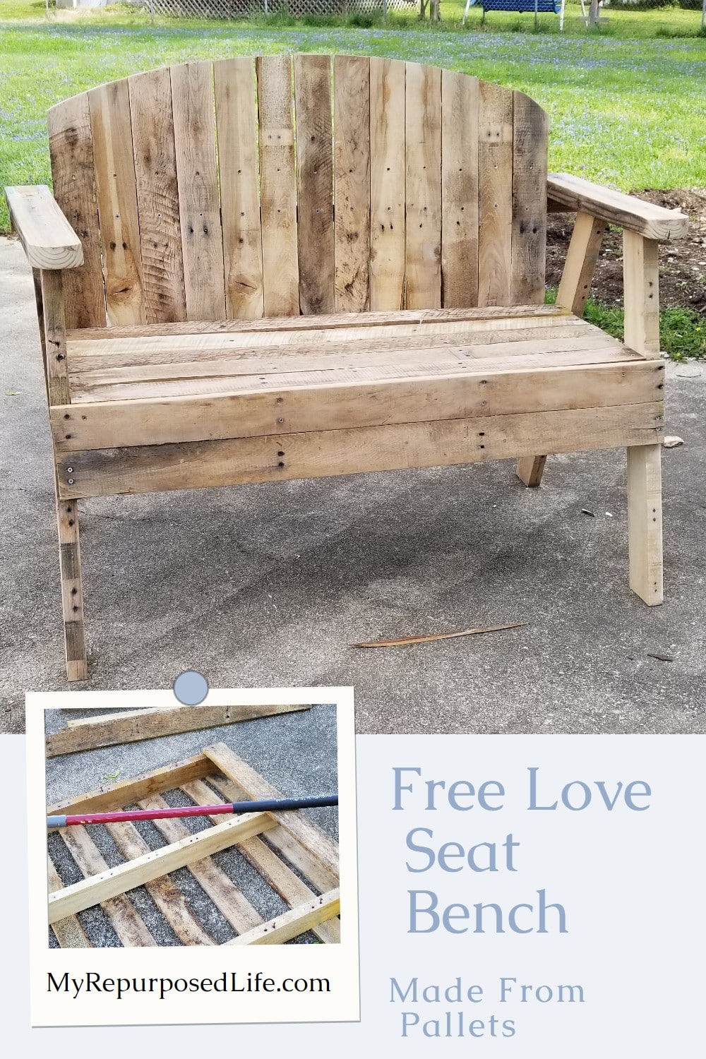 How to make an awesome garden pallet love seat bench. Using one pallet and a couple of reclaimed 2x4's you can easily follow this step by step tutorial. #MyRepurposedLife #repurposed #pallet #loveseat #bench via @repurposedlife