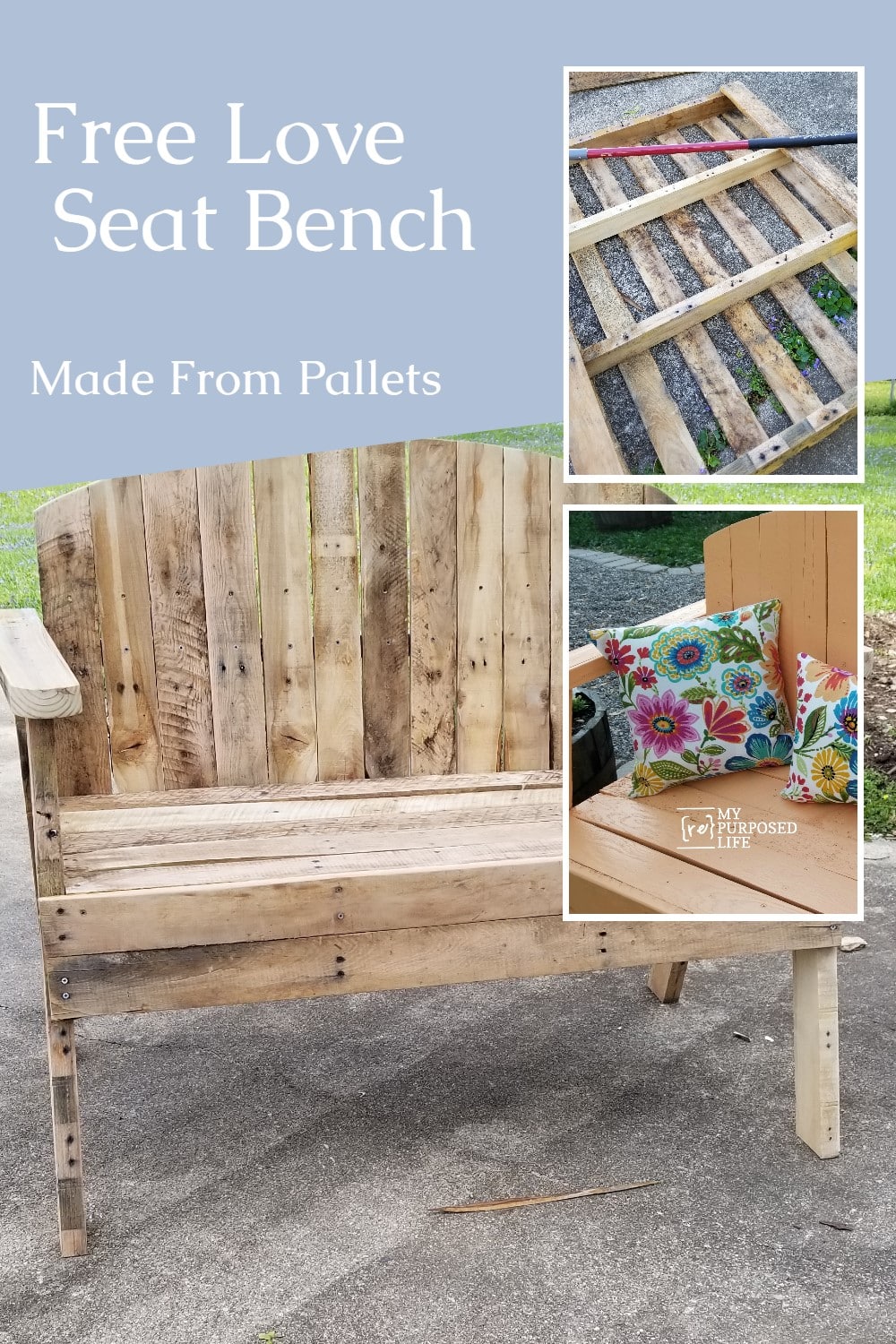 How to make an awesome garden pallet love seat bench. Using one pallet and a couple of reclaimed 2x4's you can easily follow this step by step tutorial. #MyRepurposedLife #repurposed #pallet #loveseat #bench via @repurposedlife