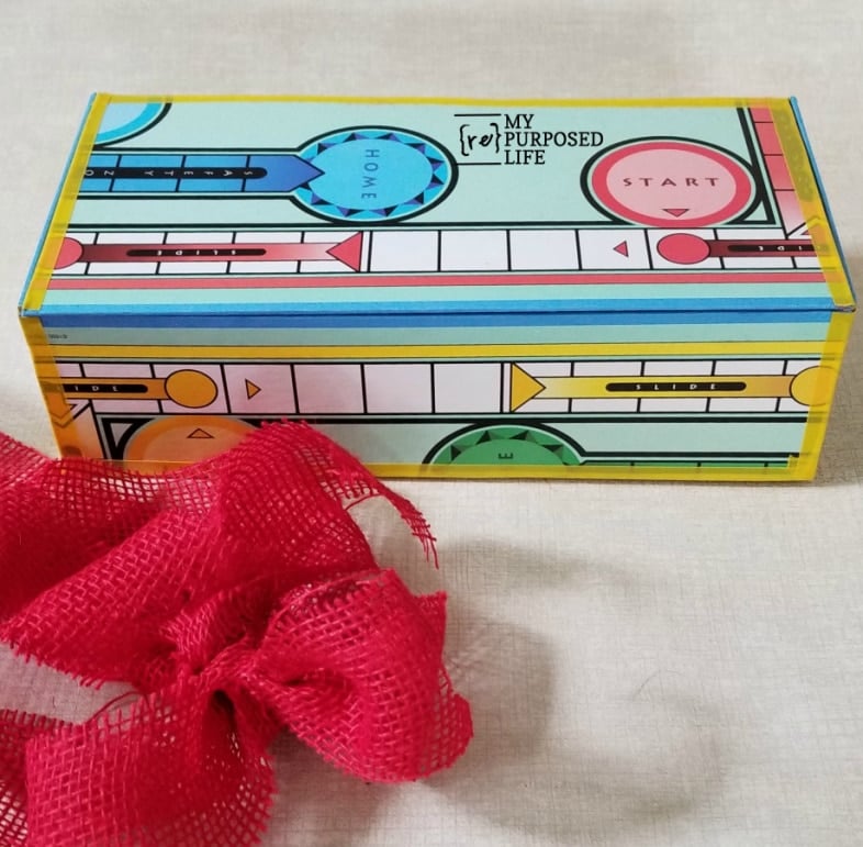 sorry game box red burlap ribbon