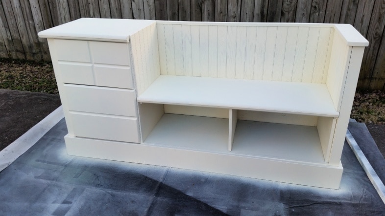 white dresser storage bench with bead board waiting for hardware