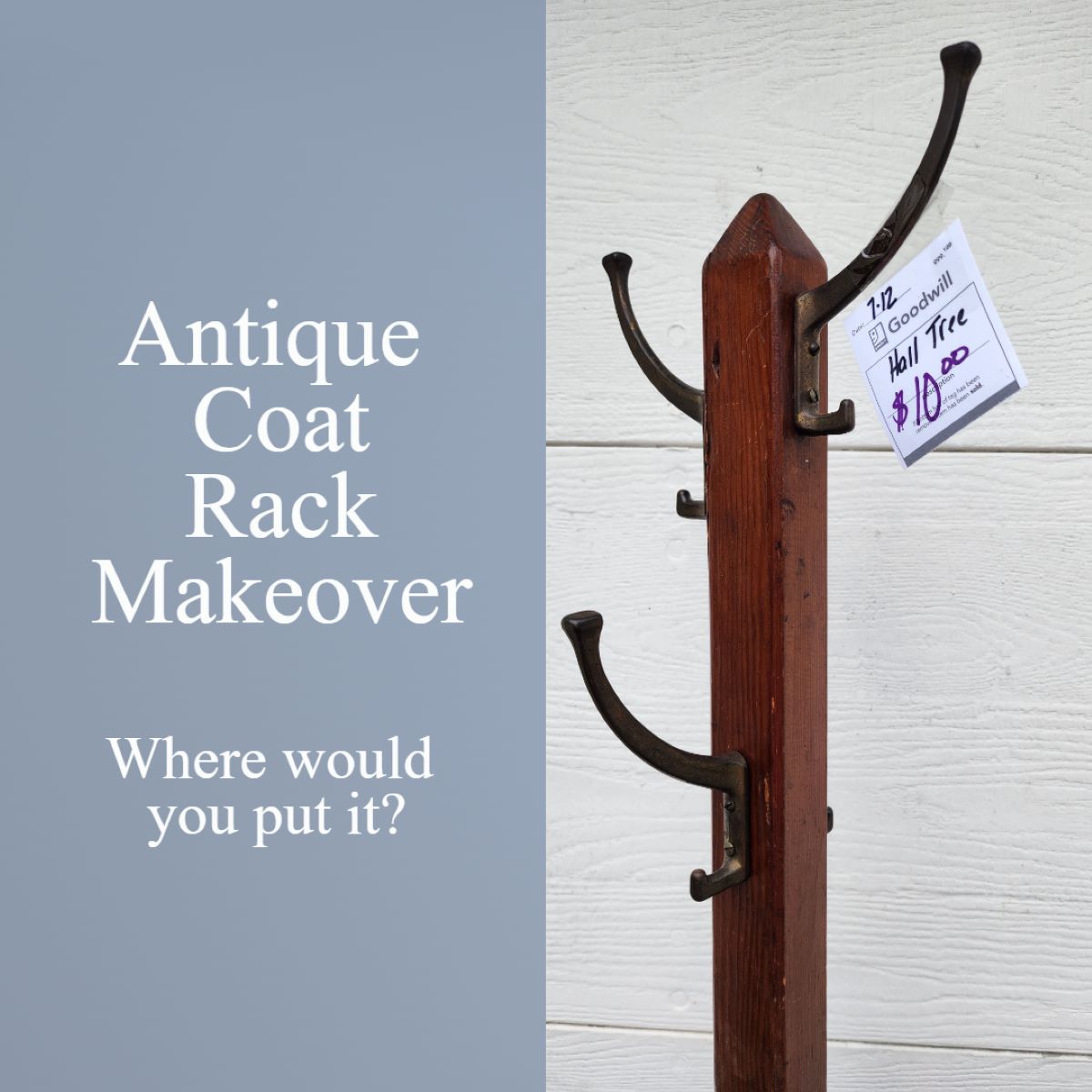 An antique coat rack from Goodwill gets new paint, hooks and embellishments. A stand-up coat rack in a corner can help you get organized. via @repurposedlife