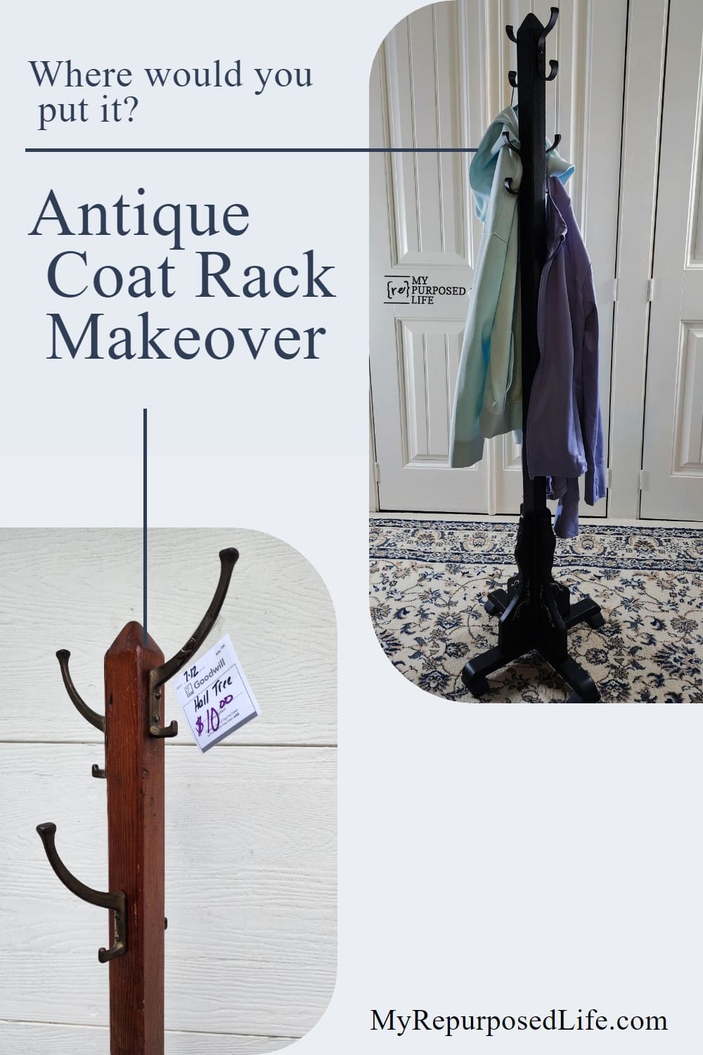 An antique coat rack from Goodwill gets new paint, hooks and embellishments. A stand-up coat rack in a corner can help you get organized. via @repurposedlife
