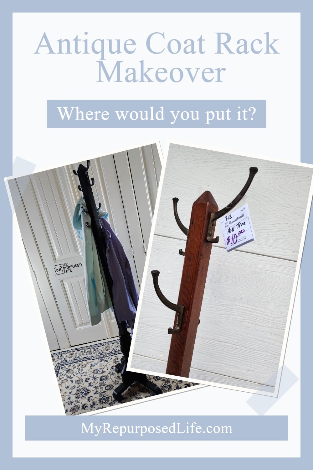 An antique coat rack from Goodwill gets new paint, hooks and embellishments. A stand-up coat rack in a corner can help you get organized. via @repurposedlife