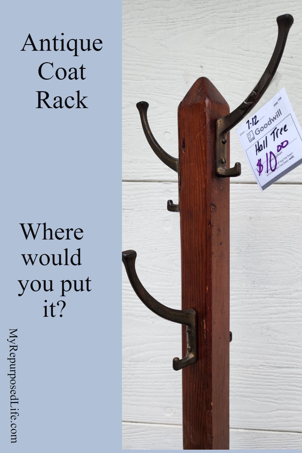 An antique coat rack from Goodwill gets new paint, hooks and embellishments. A stand-up coat rack in a corner can help you get organized. via @repurposedlife