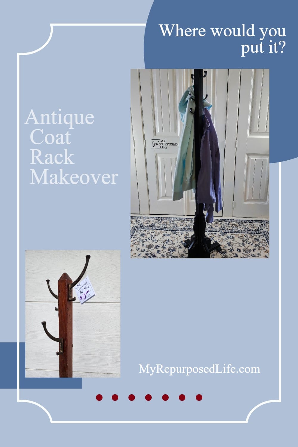 An antique coat rack from Goodwill gets new paint, hooks and embellishments. A stand-up coat rack in a corner can help you get organized. via @repurposedlife