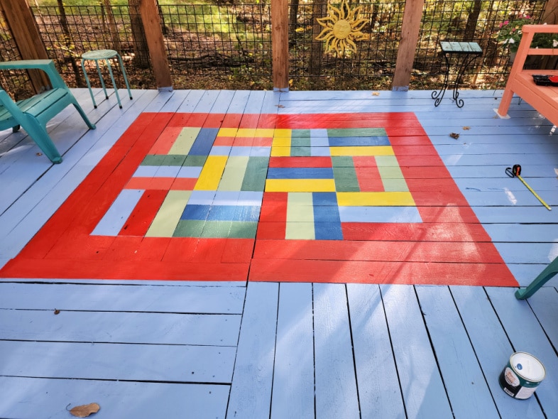 large colorful painted porch rug with rectangle shapes of colors
