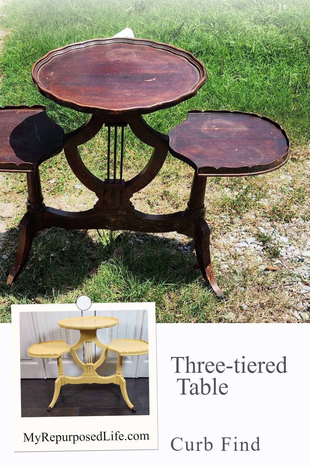 A curbside three-tiered table (plant stand) with a broken foot is repaired, painted and returned back to the family. Read the story. via @repurposedlife