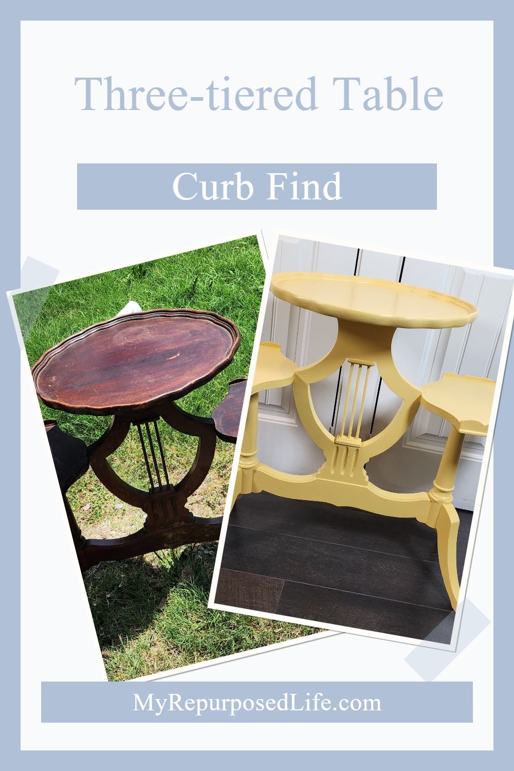 A curbside three-tiered table (plant stand) with a broken foot is repaired, painted and returned back to the family. Read the story. via @repurposedlife
