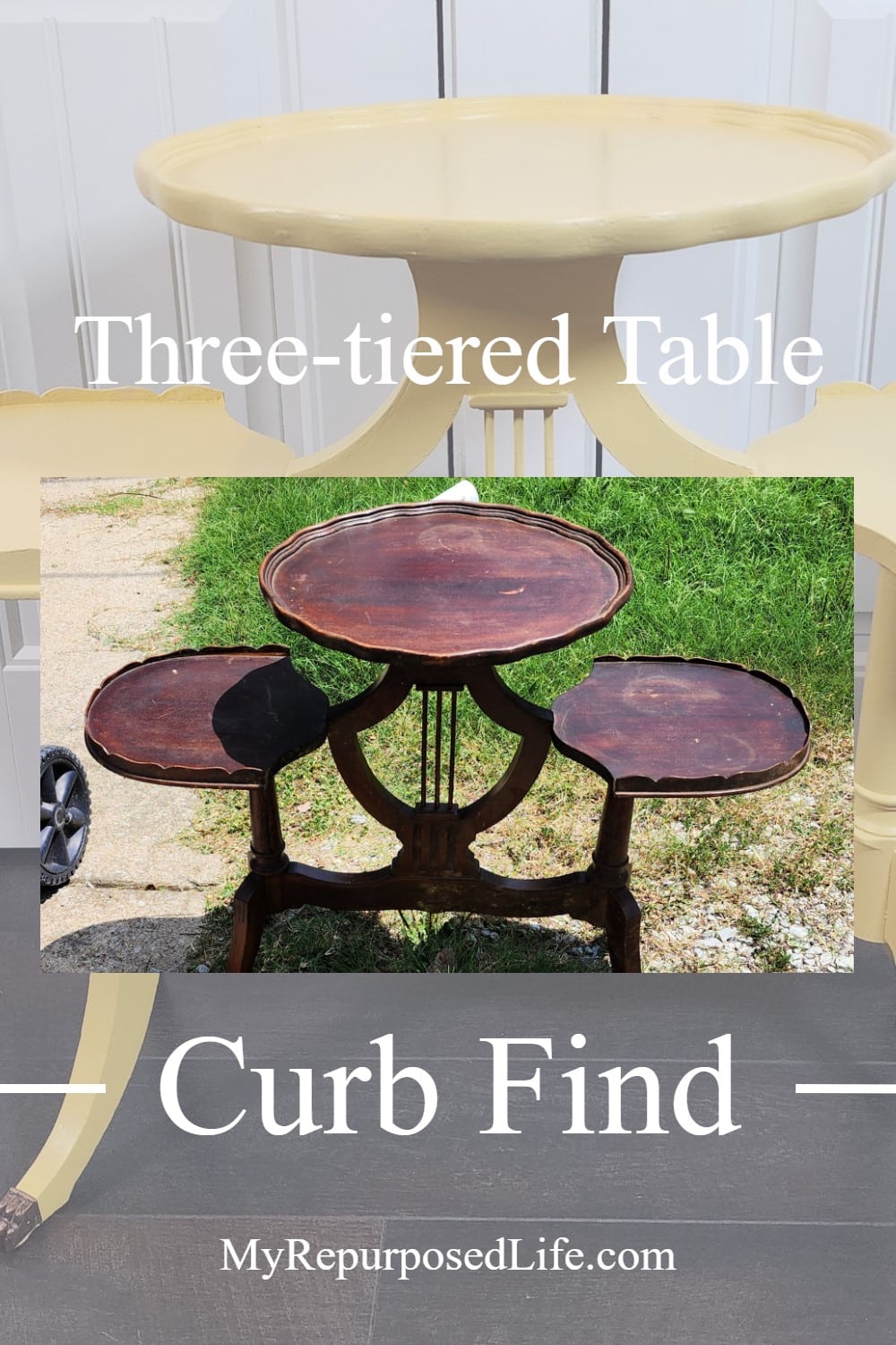 A curbside three-tiered table (plant stand) with a broken foot is repaired, painted and returned back to the family. Read the story. via @repurposedlife