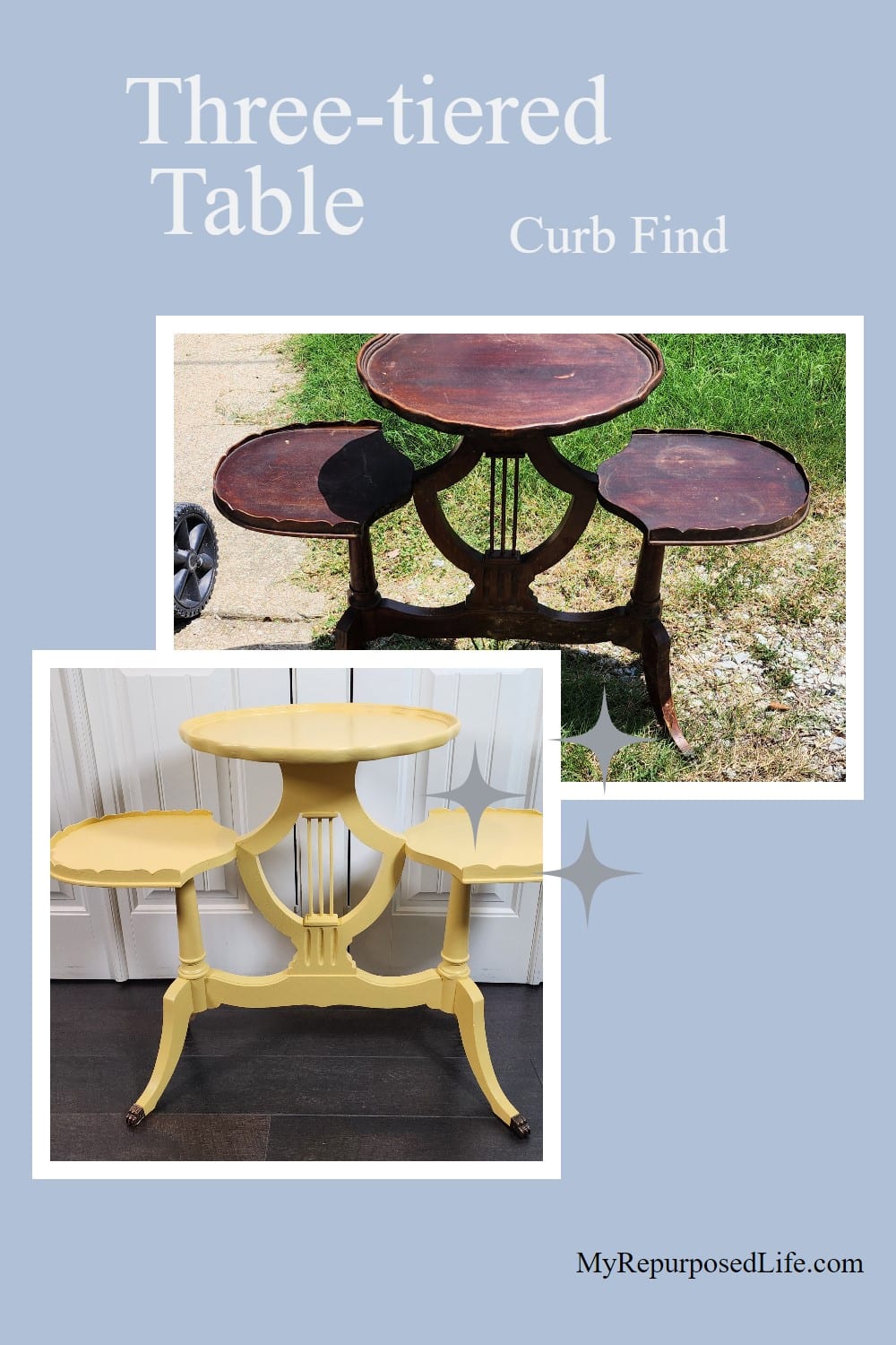A curbside three-tiered table (plant stand) with a broken foot is repaired, painted and returned back to the family. Read the story. via @repurposedlife