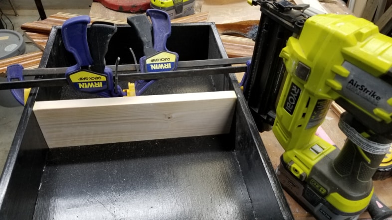 drawer with shelf clamps and nail gun