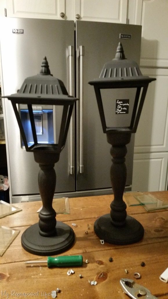 spray painted diy Christmas Lanterns made from porch lights and spindles spray painted diy Christmas Lanterns made from porch lights and spindles