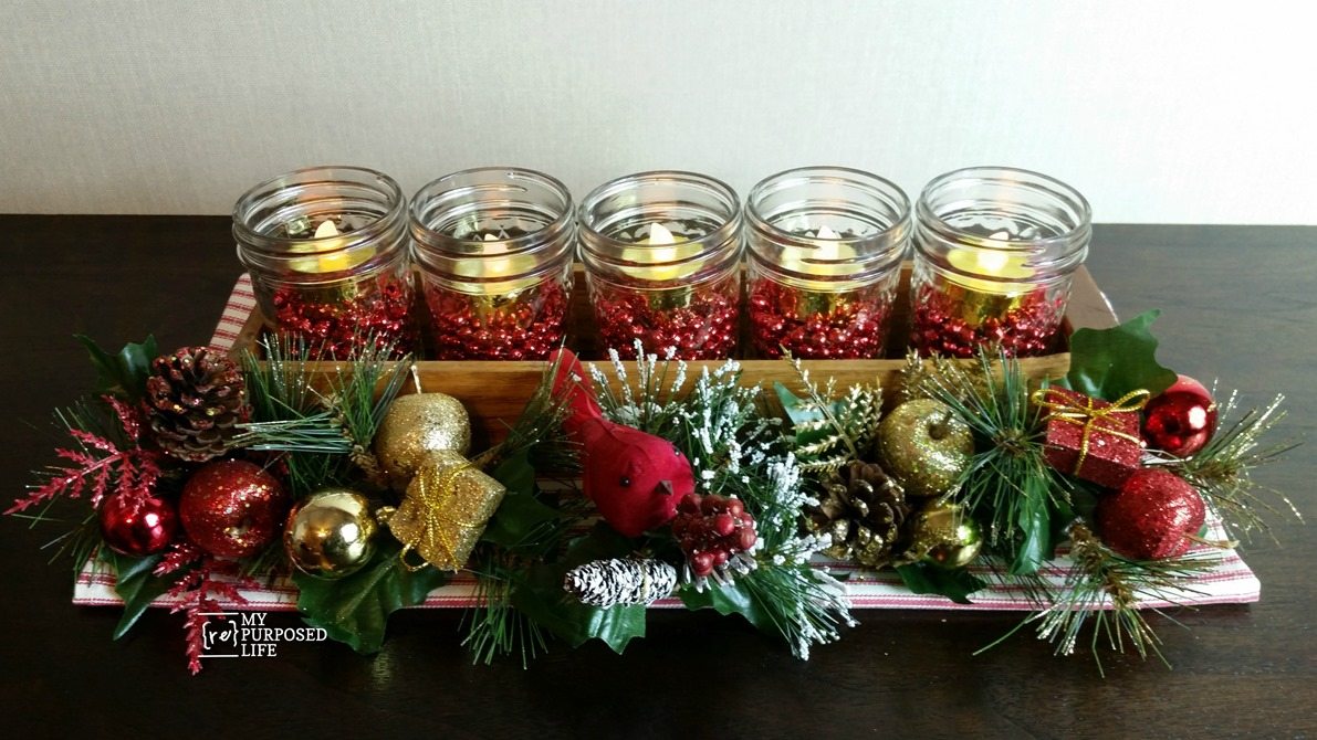Christmas centerpiece made with jelly jars and small drawer MyRepurposedLife Christmas centerpiece made with jelly jars and small drawer MyRepurposedLife
