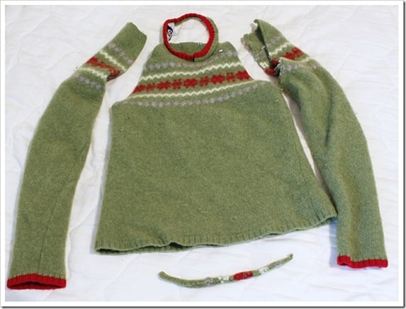 cut the sweater apart to make the stocking green wool felted sweater