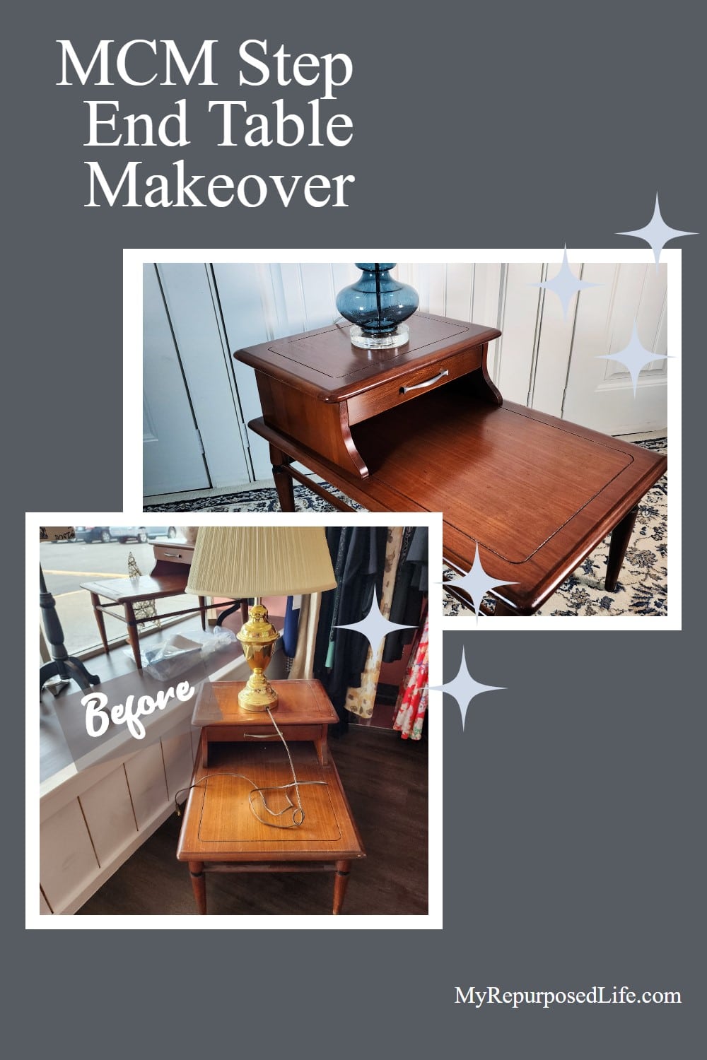 How to refresh a MCM step end table set with gel stain. Tips for sanding and cleaning. What is the best polyurethane? via @repurposedlife