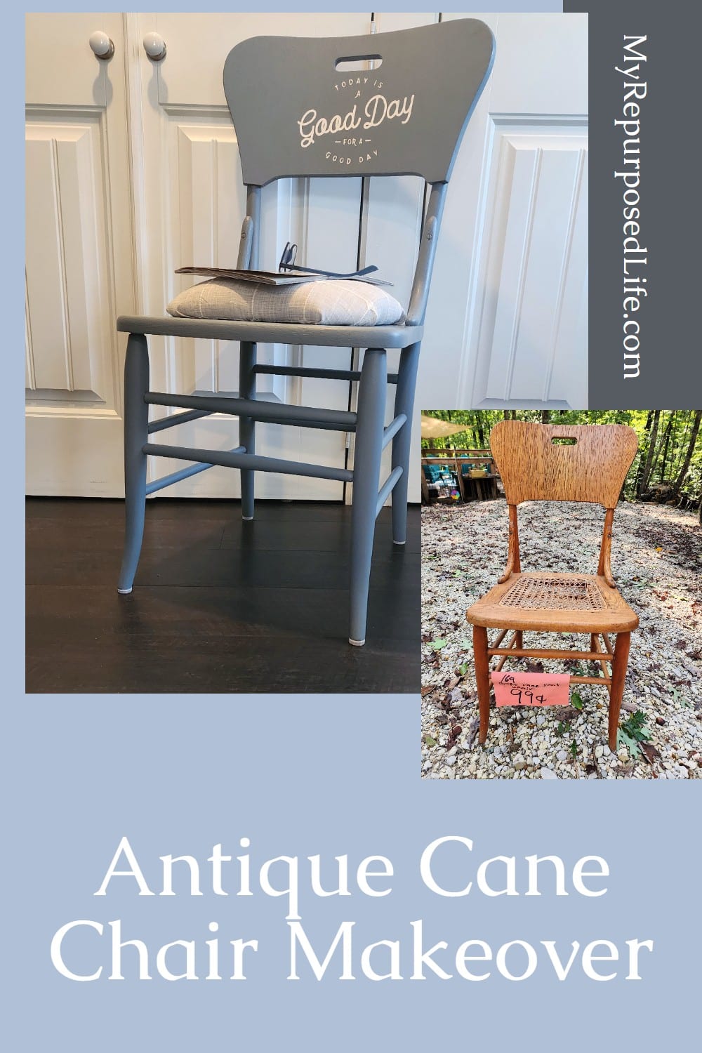 A one dollar thrift store vintage cane chair gets a new look. Tips for removing old caning, and adding a new upholstered seat. via @repurposedlife