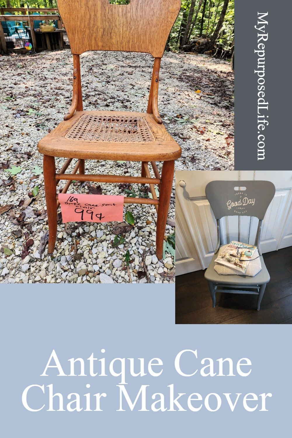 A one dollar thrift store vintage cane chair gets a new look. Tips for removing old caning, and adding a new upholstered seat. via @repurposedlife