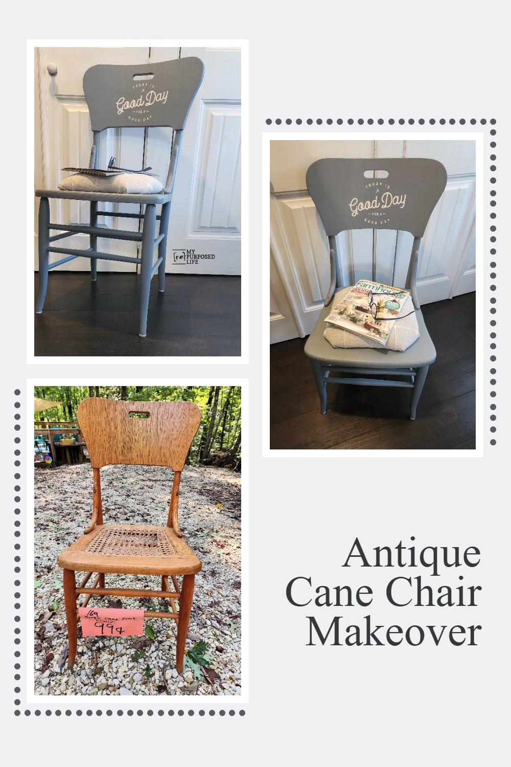A one dollar thrift store vintage cane chair gets a new look. Tips for removing old caning, and adding a new upholstered seat. via @repurposedlife