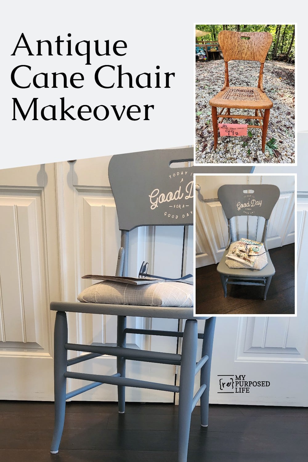 A one dollar thrift store vintage cane chair gets a new look. Tips for removing old caning, and adding a new upholstered seat. via @repurposedlife