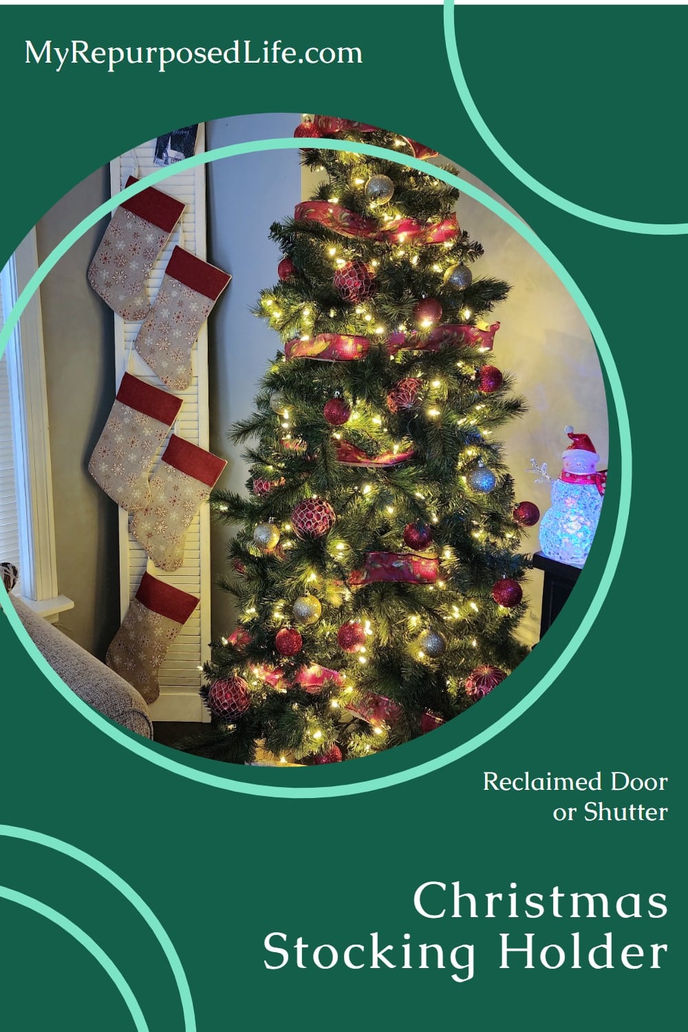 Use a louvered door or shutter to make the easiest Christmas Stocking Holder for your family. Easy to make and store year after year. via @repurposedlife