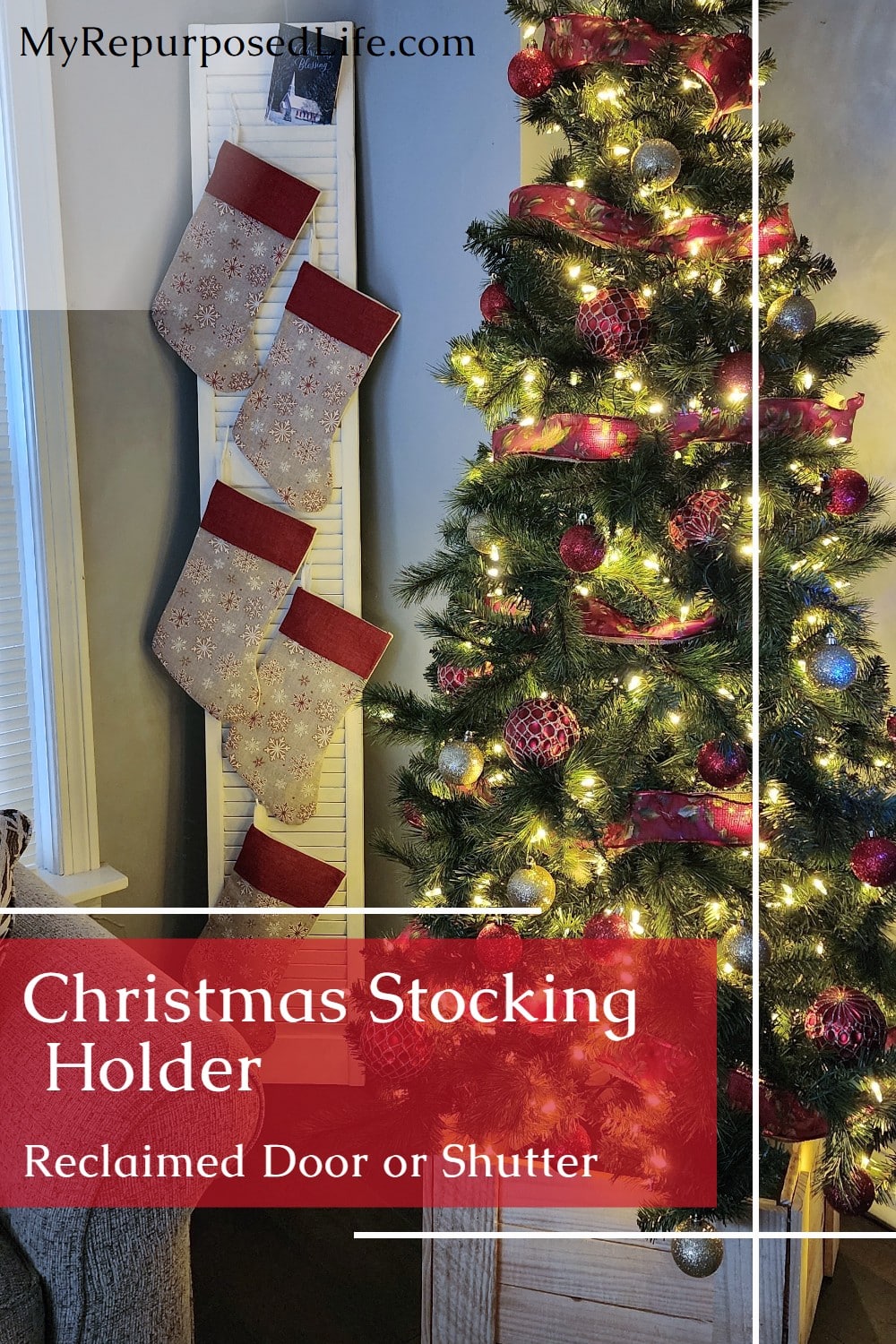 Use a louvered door or shutter to make the easiest Christmas Stocking Holder for your family. Easy to make and store year after year. via @repurposedlife