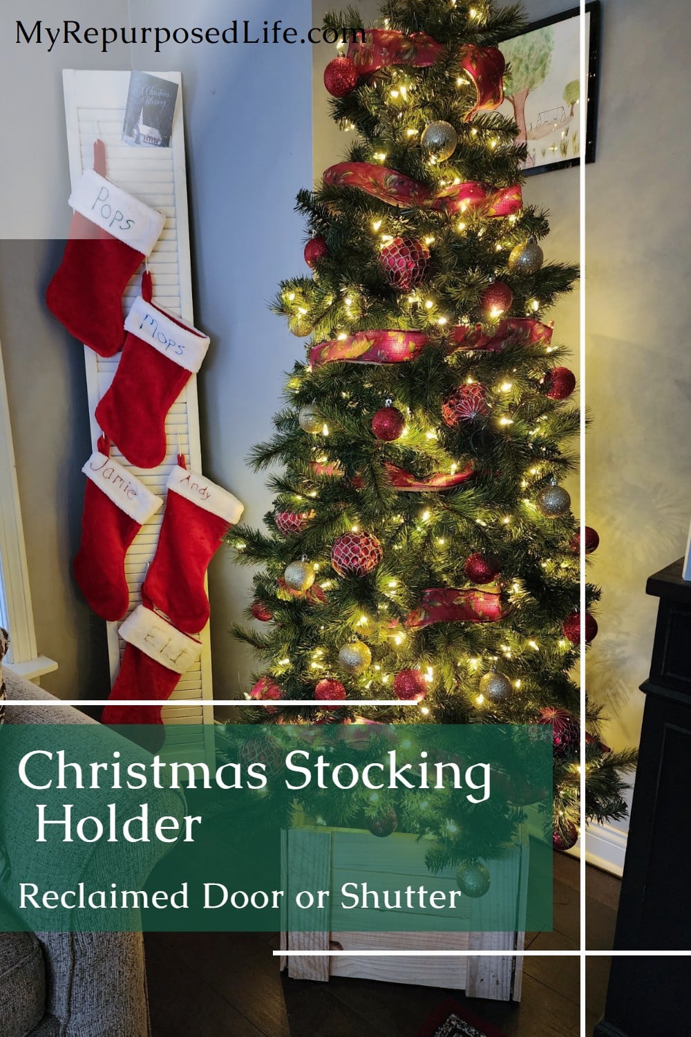 Use a louvered door or shutter to make the easiest Christmas Stocking Holder for your family. Easy to make and store year after year. via @repurposedlife
