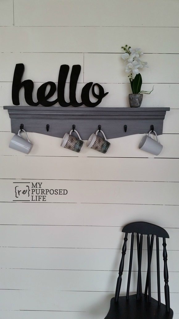 gray glazed wooden kitchen shelf for coffee cups MyRepurposedLife.com