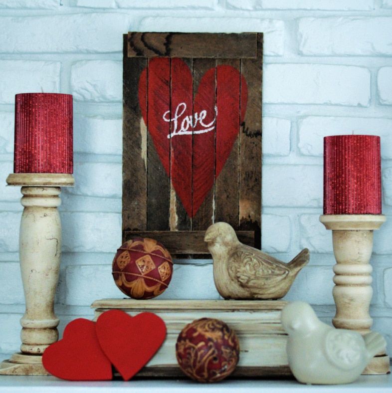 pretty rustic valentine decor on the mantel
