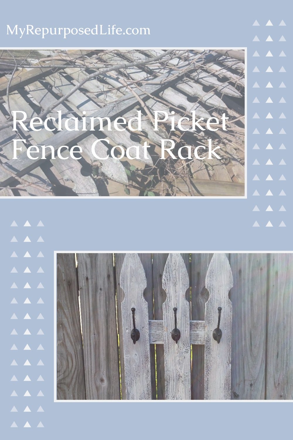 How to make a whitewash coat rack out of an old picket fence. Three styles show you how versatile this project is. Make your own. #MyRepurposedLife #picket #fence #coatrack #howto #whitewash via @repurposedlife