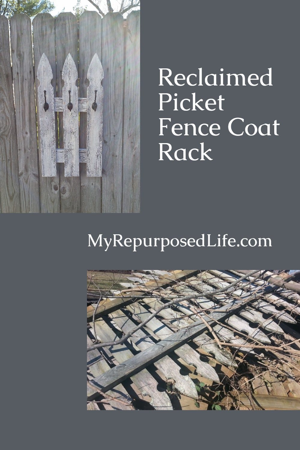 How to make a whitewash coat rack out of an old picket fence. Three styles show you how versatile this project is. Make your own. #MyRepurposedLife #picket #fence #coatrack #howto #whitewash via @repurposedlife