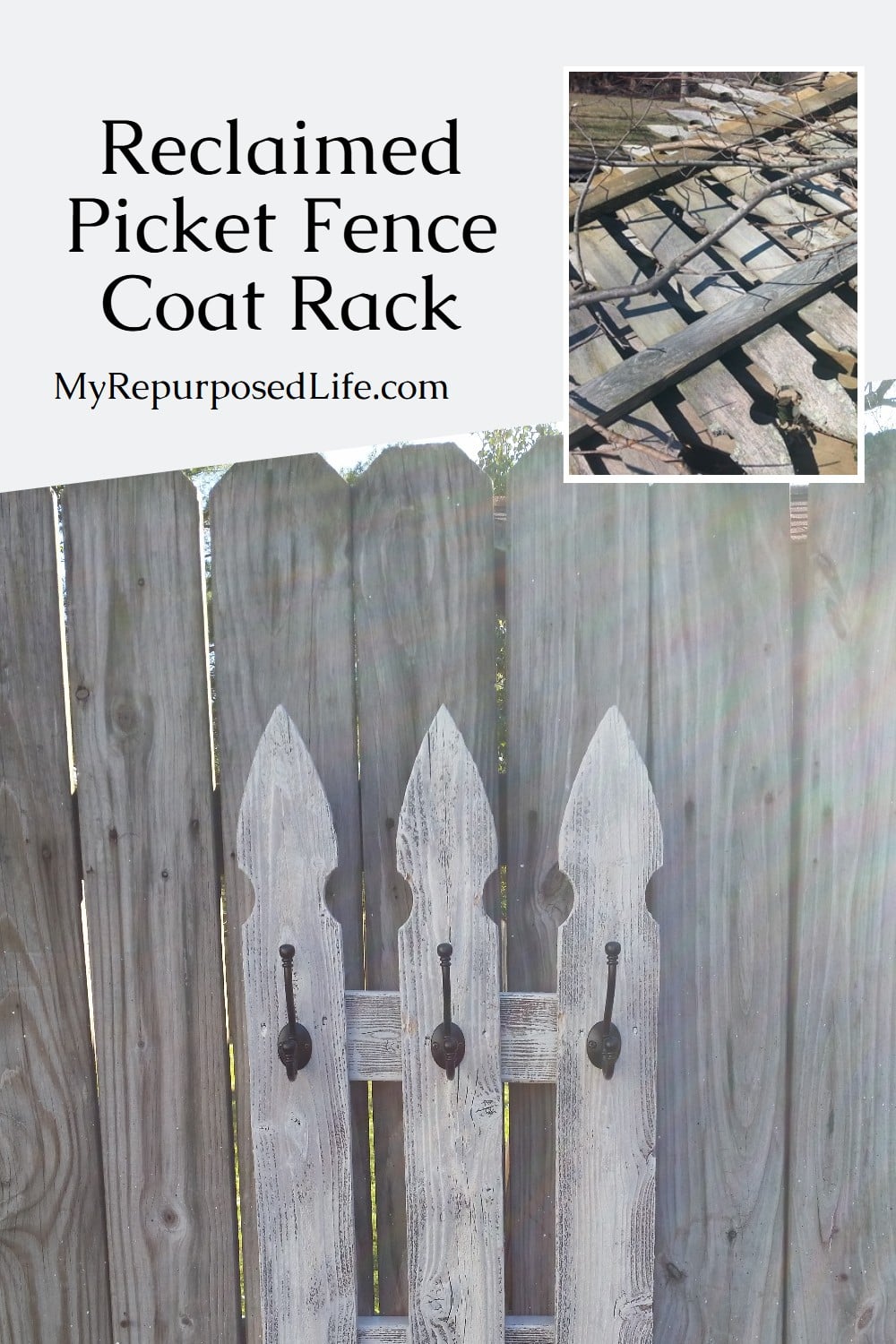 How to make a whitewash coat rack out of an old picket fence. Three styles show you how versatile this project is. Make your own. #MyRepurposedLife #picket #fence #coatrack #howto #whitewash via @repurposedlife