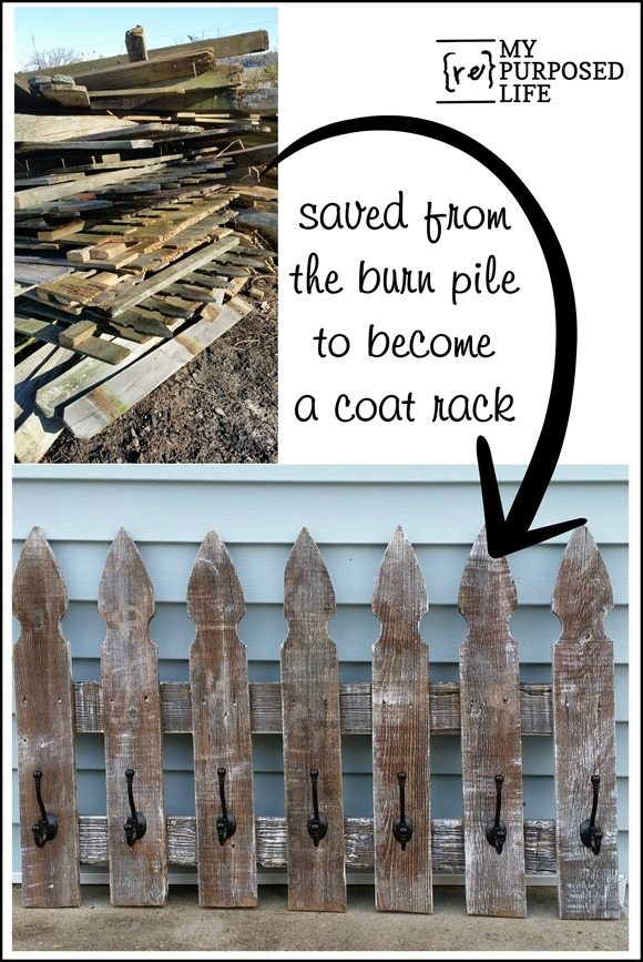 saved from the burn pile to become a rustic coat rack MyRepurposedLife.com