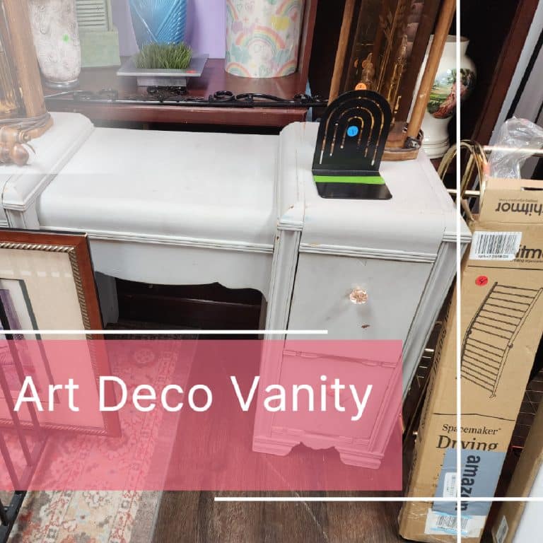 gray art deco vanity at the thrift store